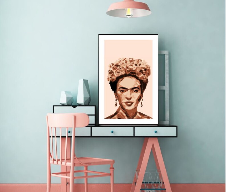 thumbnail image 2 of Frida Kahlo Vintage Art Print Poster – Pink Frida With Flowers (Wall Decor) 2 of 6
