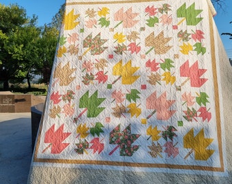 Handmade Queen Size Autumn Leaves Quilt: Boho Fall Bedding