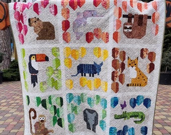 Queen Size Rainbow Rainforest Quilt: Handmade Cotton Animal Sampler