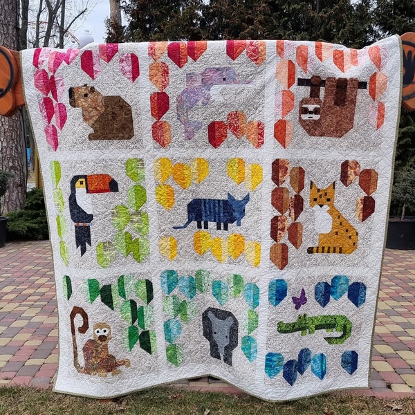 Queen size Regenbogen Regenwald Quilt, großer Sampler Quilt, erstaunliche Tiere Capybara Fluss Delfin Faultier Jaguar Gürteltier Tukan Affe Tapir