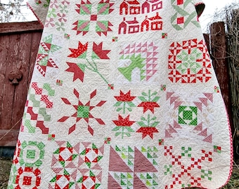 Handmade Christmas Quilt Queen Size – Festive Patchwork Bedding, Farmhouse Winter Decor