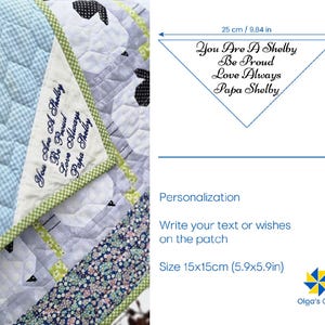 May include: A personalized quilt patch with the text "You Are A Shelby, Be Proud, Love Always, Papa Shelby." The patch is triangular, measuring 9.84 inches across. The quilt features a blue gingham pattern and a sheep design.