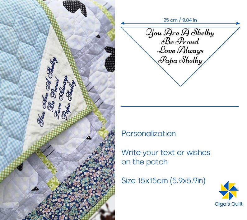 May include: A personalized quilt patch with the text "You Are A Shelby, Be Proud, Love Always, Papa Shelby." The patch is triangular, measuring 9.84 inches across. The quilt features a blue gingham pattern and a sheep design.