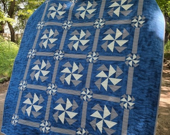 Handmade Denim Cotton Queen Size Quilt: Eight Point Star Heirloom Bedding, Blue and White Gingham Patchwork Blanket