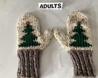 Adult Hand Knit Winter Mittens - Christmas Tree