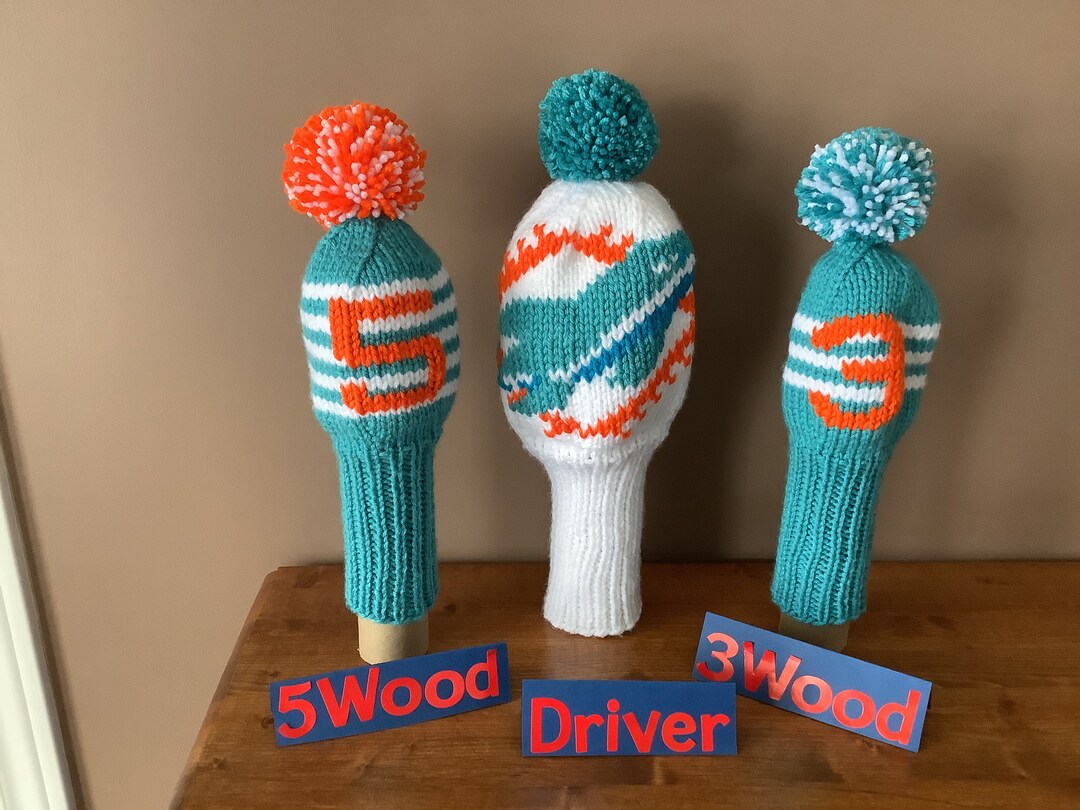 Hand Knit Golf Club Covers 5 Wood, Driver, 3 Wood Set Miami Dolphins