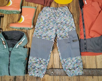 Pantalones de exterior/pantalones de barro "Confetti Rain" colorido patrón de mosaico para niños y niñas, pantalones de lluvia transpirables