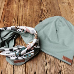 Ensemble de bonnet et écharpe réversible en jersey pour fille avec feuilles et bourgeons, couleur menthe
