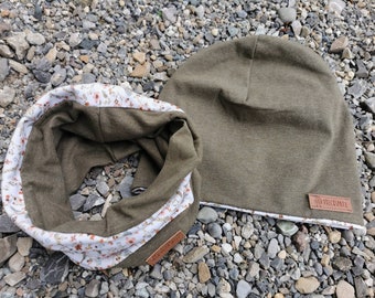 Conjunto de gorro y lazo blanco con flores y bufanda de gorro reversible de punto verde oliva para niñas