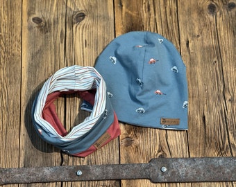 Set of beanie and loop in blue with cars and colorful stripes boys hat and scarf spring