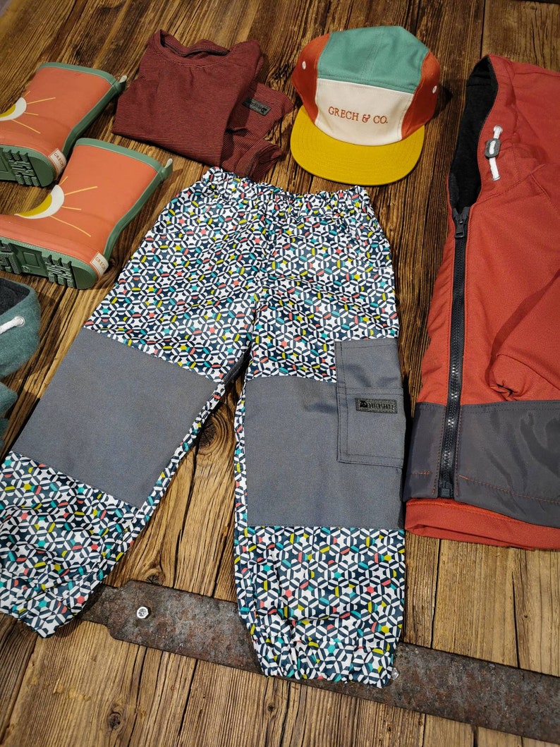 Outdoorhose/Matschhose Konfettiregen buntes Mosaik Muster für Jungen und Mädchen atmungsaktive Regenhose zdjęcie 3