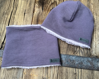 Set of beanie and loop lined with cotton teddy made of ribbed jersey in purple