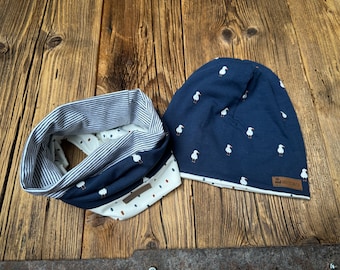 Set of beanie and loop in blue with seagull hat and scarf for boys and girls