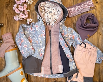 Softshelljacke "Frühlingsgefühle" blau rosa Blumen - Outdoorjacke für Mädchen winddicht wasserdicht mit Kapuze und Taschen