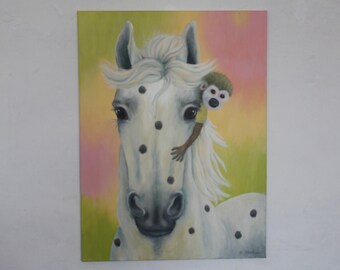 Horse with monkey, children's book character, horse portrait,