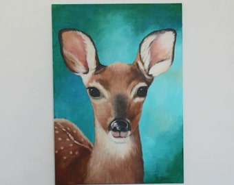 Deer, acrylic picture, blue-green, turquoise, red deer, animal portrait, forest animals