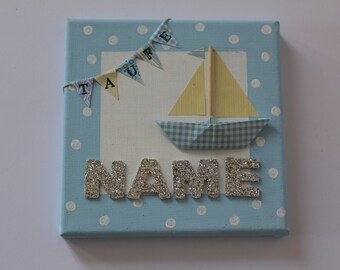 Acrylic painting with ship, baptism gift, light blue, boy, garland,