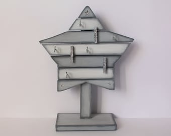 Jewelry stand "star", key board, hook bar, memo board, wood, light gray