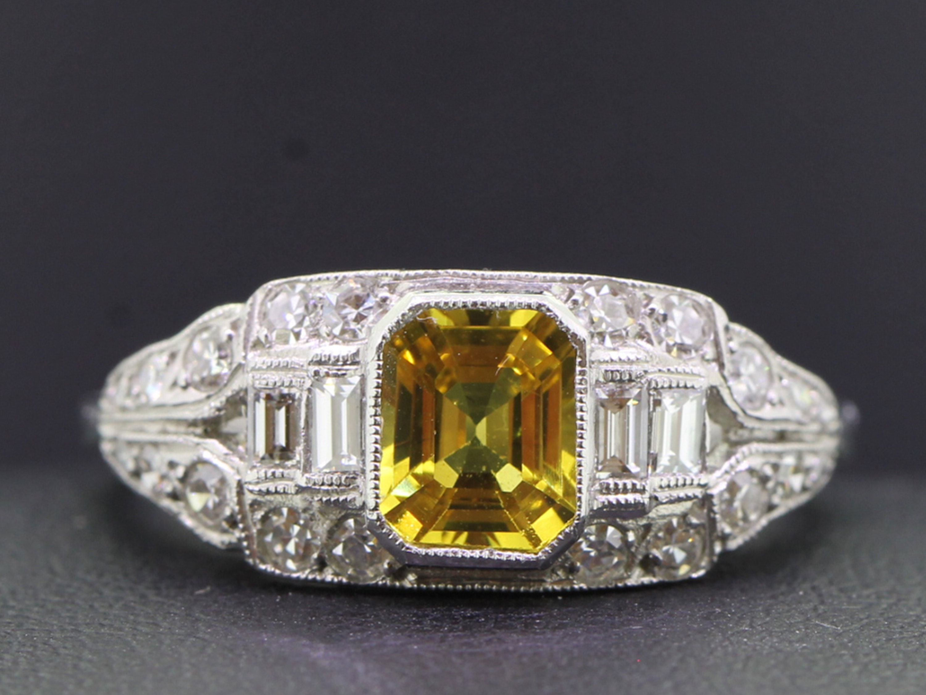 Beautiful Art Deco Inspired Yellow Sapphire and Diamond Platinum