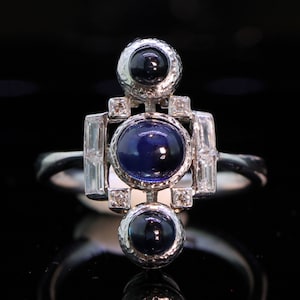 Art Deco Cabochon Saffier en Diamant Platina Ring