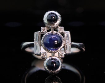 Art Deco Cabochon Sapphire and Diamond Platinum Ring