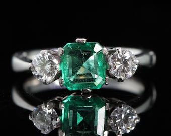 Vintage Emerald and Diamond Trilogy Platinum Ring