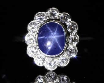 Vintage Star Sapphire and Diamond Cluster Platinum Ring