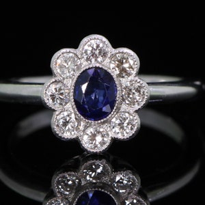 Vintage Sapphire and Diamond Platinum Cluster Ring