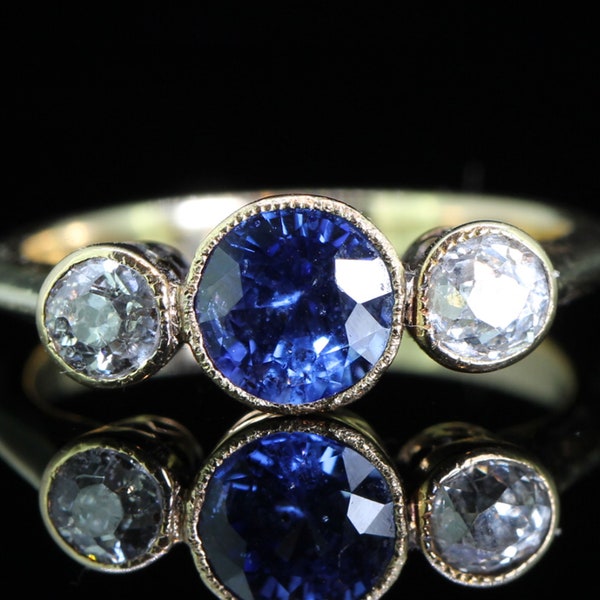Beautiful Edwardian Sapphire and Diamond 18 carat Gold Trilogy Engagement/Occasion Ring