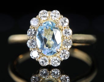 Vintage Aquamarine and Diamond 18ct Gold Oval Cluster Ring