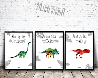 Plakaty dla dzieci dinozaury - Plakaty motywacyjne - Plakat dinozaury - Tryptyk dinozaury - Dinozaury obrazki - Diplodok -Triceratops -T-rex