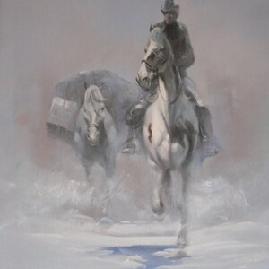 Reiter mit Packpferd Westernreiter Countryreiter Winterstimmung 60x 50 cm Ölgemälde auf Leinwand Bild 2