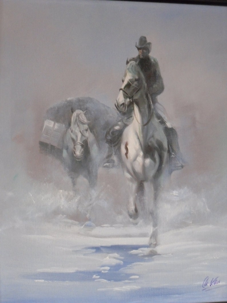 Reiter mit Packpferd Westernreiter Countryreiter Winterstimmung 60x 50 cm Ölgemälde auf Leinwand Bild 2