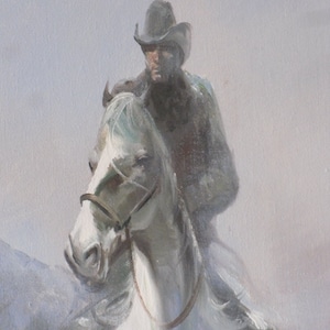 Jinete con Packhorse Western Rider Country Rider Winter Mood (60x 50 cm) Pintura al óleo sobre lienzo