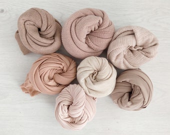 Beige stretch pasgeboren poseren wraps foto rekwisieten, neutrale baby trui wraps voor fotografie