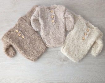 Newborn bodysuit for photography, Knitted alpaca romper and hat set newborn photo props accessories, Newborn Outfit, 11 colors available