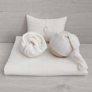 White fabric backdrop and wrap set for newborn photography, Baby photo props beanbag posing set MARTA, Matching hat, pillow and headband