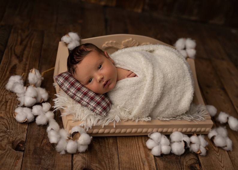 Ensemble de toile de fond et d'écharpe en tissu confortable pour la photographie de nouveau-né, pouf pour nouveau-né, couverture et écharpe assortie, bandeau, oreiller, chapeau Câlin image 8