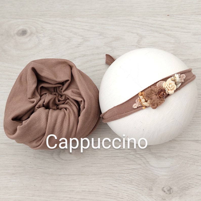 Cappuccino Haarband für Neugeborenen Fotografie, Baby Tieback Foto Requisiten, passende Wraps und Badkdrops erhältlich, POLA Bild 3