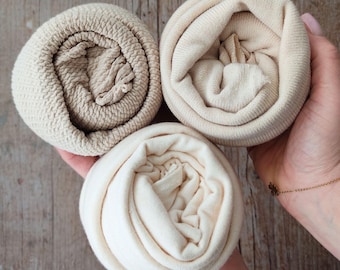 Set of 3 Essential Beige Wraps for Newborn Photography – Soft & Stretchy Baby Props Bundle