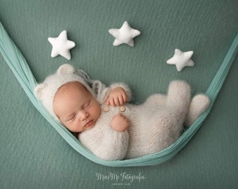 Newborn knitted romper and hat set, newborn teddy bear outfit for photography, Alpaca romper set photo prop,