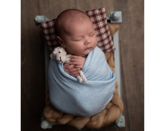 Blue newborn baby swaddle wrap, knit stretch wrap photo prop