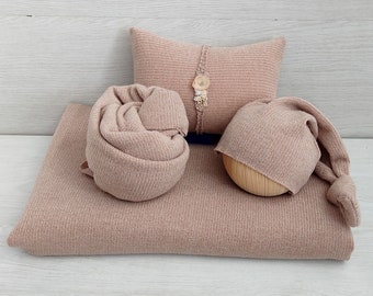 Beige Fabric Backdrop Set for Newborn Photography with matching Wrap, Pillow, Hat, and Headband, Newborn Posing Fabric Photo Props Set KATE