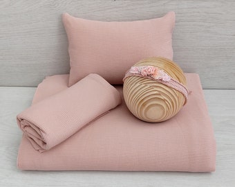 Powder pink ribbed backdrop set for newborn photography "Grace", Textured posing fabric set newbon photo prop