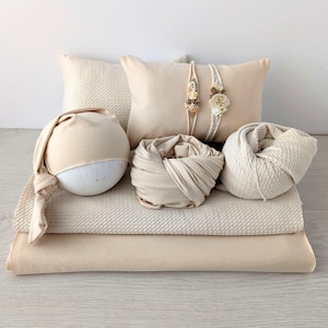 Beige Newborn Photography Beanbag Backdrop Set, Newborn Posing Fabric and Pillow Set, and Matching Headbands Photo Props