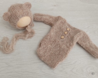 Beige knitted outfit for newborn photography, Knit bodysuit and bonnet set newborn photo props accessories, Alpaca Outfit and Hat Set