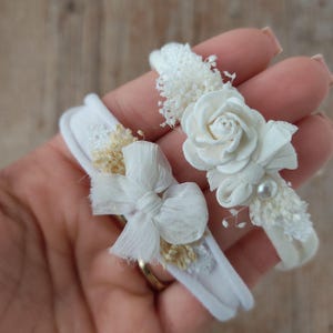 Newborn Photography Headband – Soft Stretch Tieback with Flowers & Details | Matching Wrap Available | White or Off-White | Mila Collection