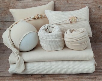 Beige Newborn Photography Prop Set, Posing Pillow, Backdrop, Headband
