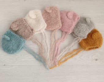 Newborn Knitted Teddy Bear Bonnet for Photography, Knit Alpaca Hat Newborn Photo Props, Matching Romper and Bodysuit Available