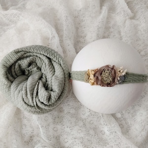 Sage Flower Tieback for Newborn Photography, Elastic Headband Photo Props, Hair band photoshoot accessories, &quot;Laura&quot;